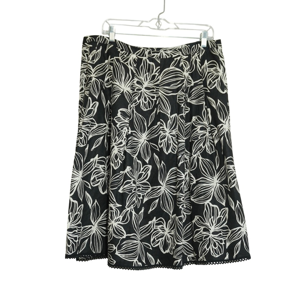 Style & Co. Size 14‎ Black White Floral 100% Linen A-Line Skirt Crochet Trim